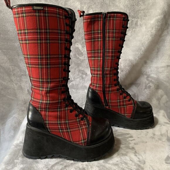 Demonia Women's 3.5" Platform Boots Size 7 Scene 100 Red Tartan Plaid 15” Tall - Picture 7 of 16